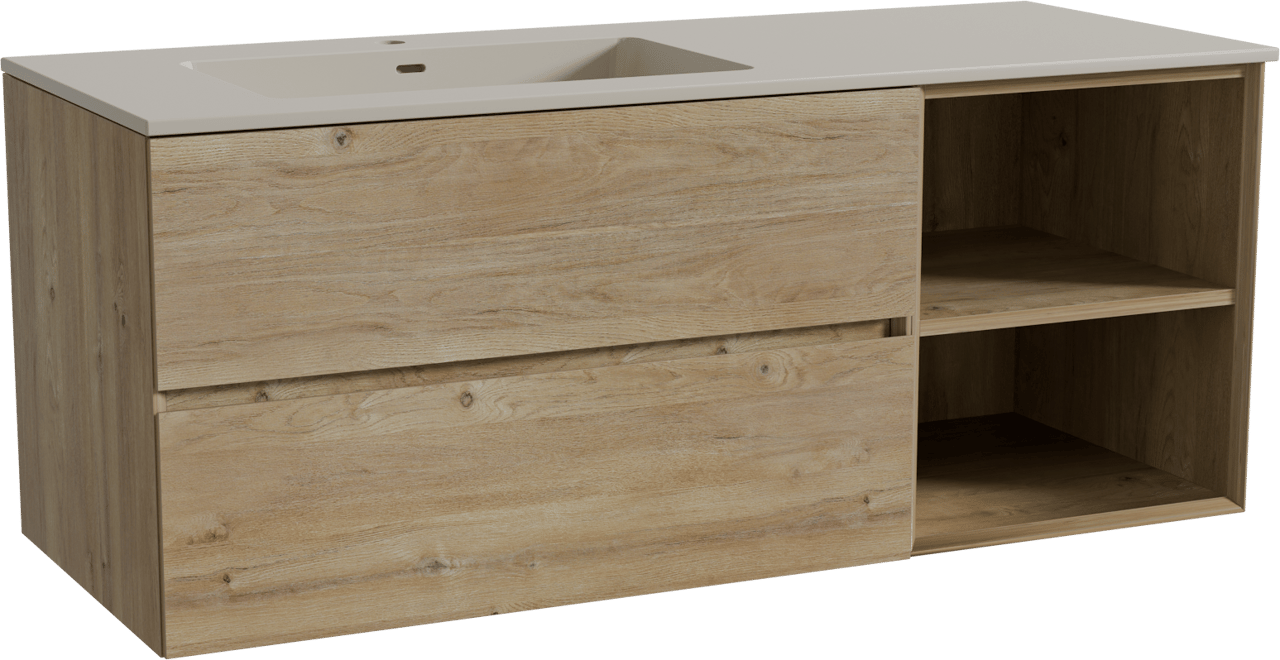 Storke Edge hängendes Möbelstück Set: 130 x 52 cm, Rohe Eiche, mit Diva Waschtisch links, Top Solid Seidengrau