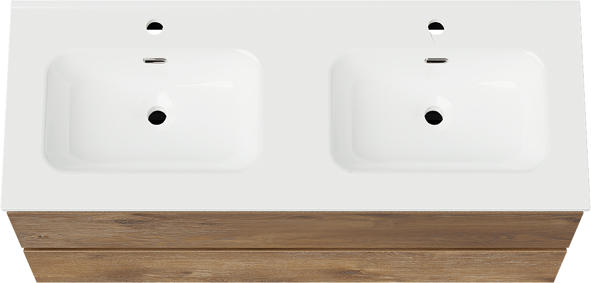 Linie Lado meuble salle de bains suspendu 120 x 46 cm chêne brun avec Baro double vasque en porcelaine blanc brillant