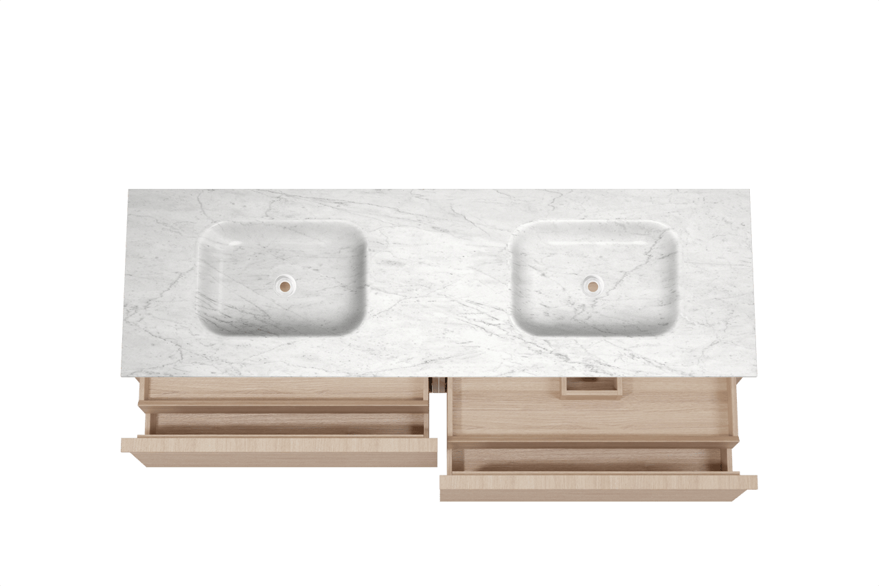 Balmani Forma hängendes Möbelstück Set: 180 x 55 cm, Naturbelassene Eiche, mit Tablo Arcato Doppelwaschtisch, Marmor, Carrara, Horizontale symmetrische gerade Rippe