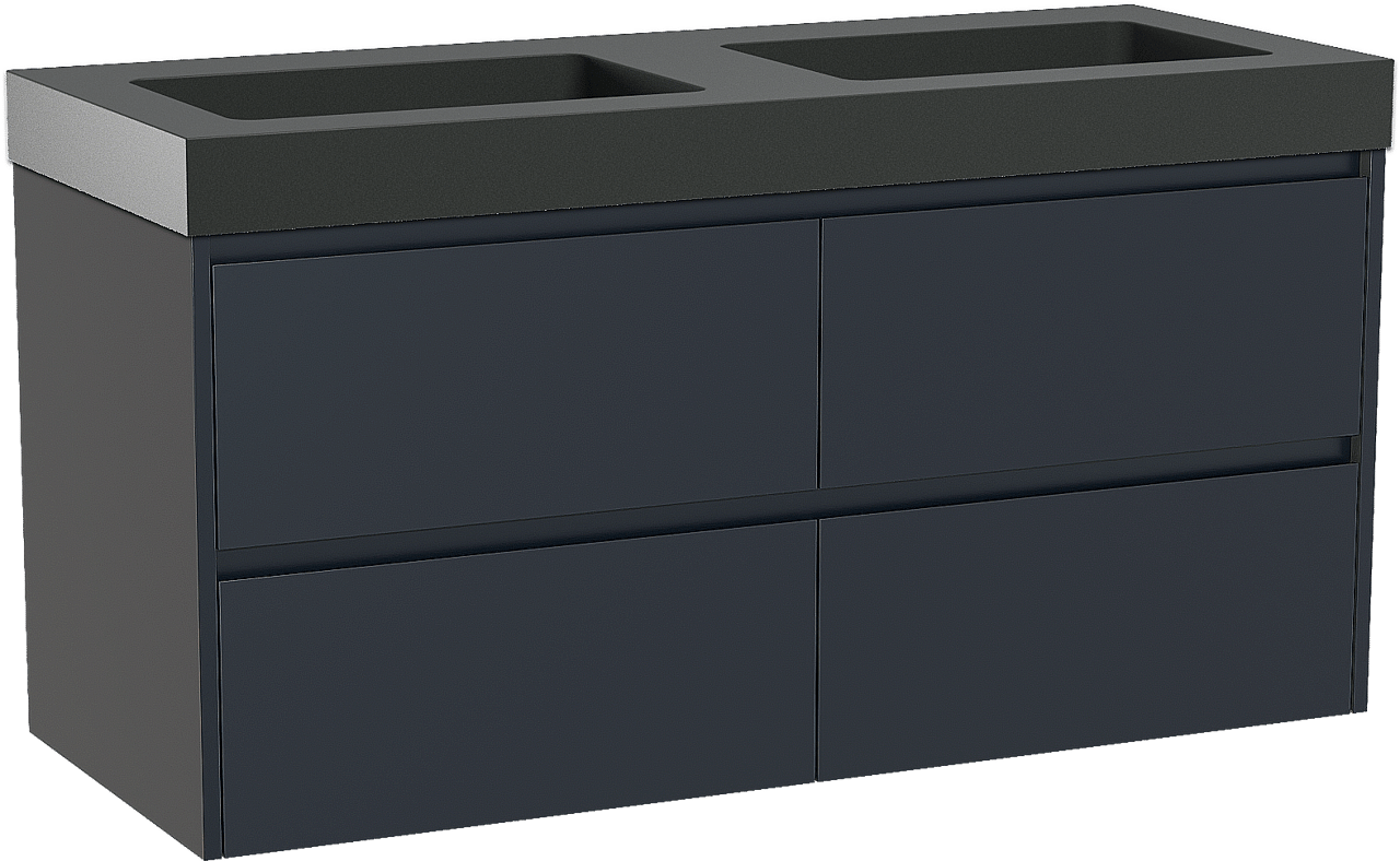 Storke Seda meuble salle de bains suspendu 130 x 52 cm bleu nuit avec Scuro High double vasque en quartz noir mat