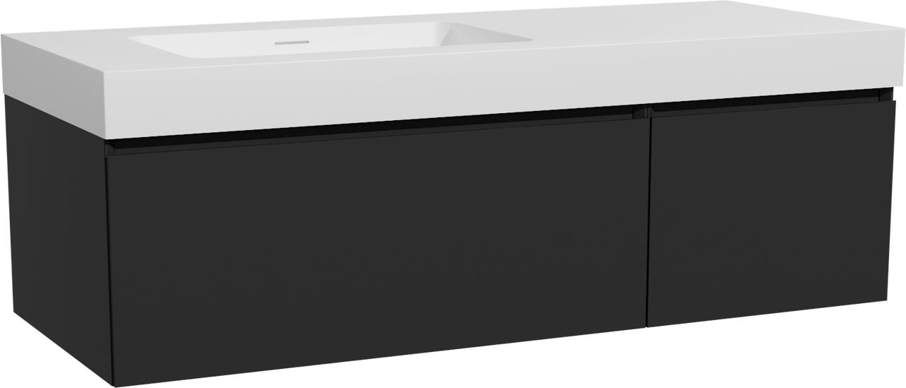 Storke Edge zwevend badmeubel 130 x 52 cm mat zwart met Mata High asymmetrisch linkse wastafel in solid surface mat wit