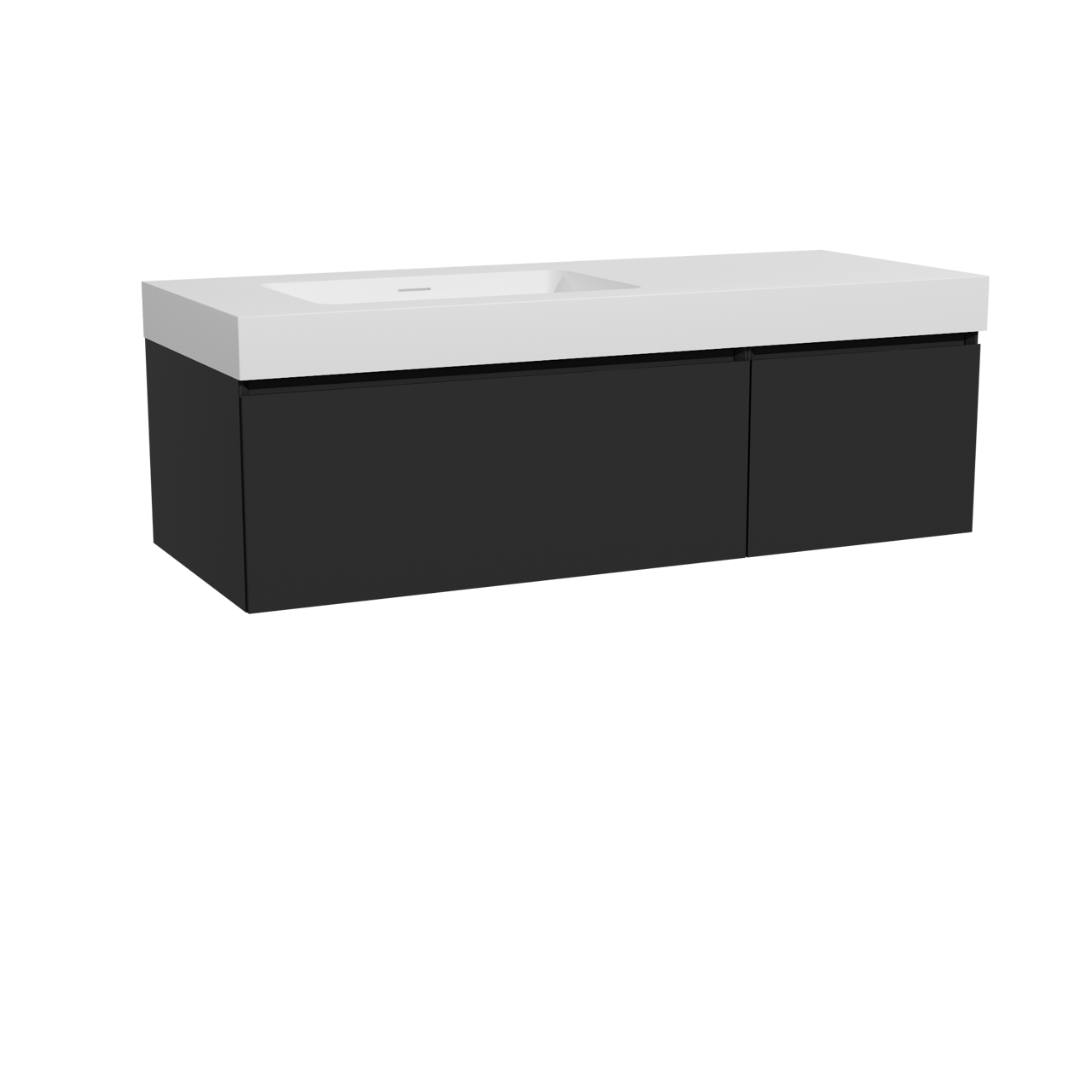 Storke Edge hängendes Möbelstück Set: 130 x 52 cm, Schwarz matt, mit Mata High Waschtisch links, Solid Surface Weiß matt