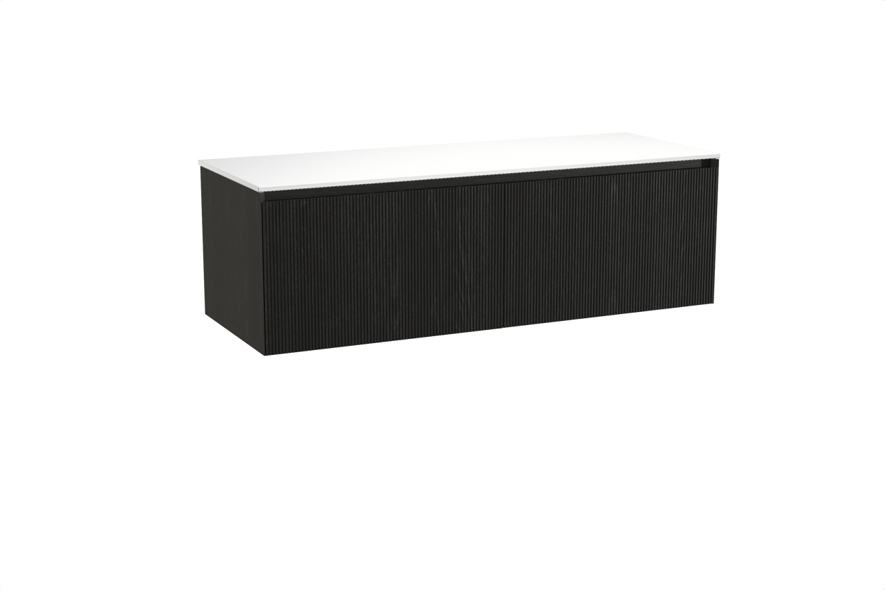 Balmani Fila meuble salle de bains suspendu 150 x 55 cm chêne noir avec Stretto tablette simple ou double en solid surface blanc mat, Nervure droite symétrique verticale