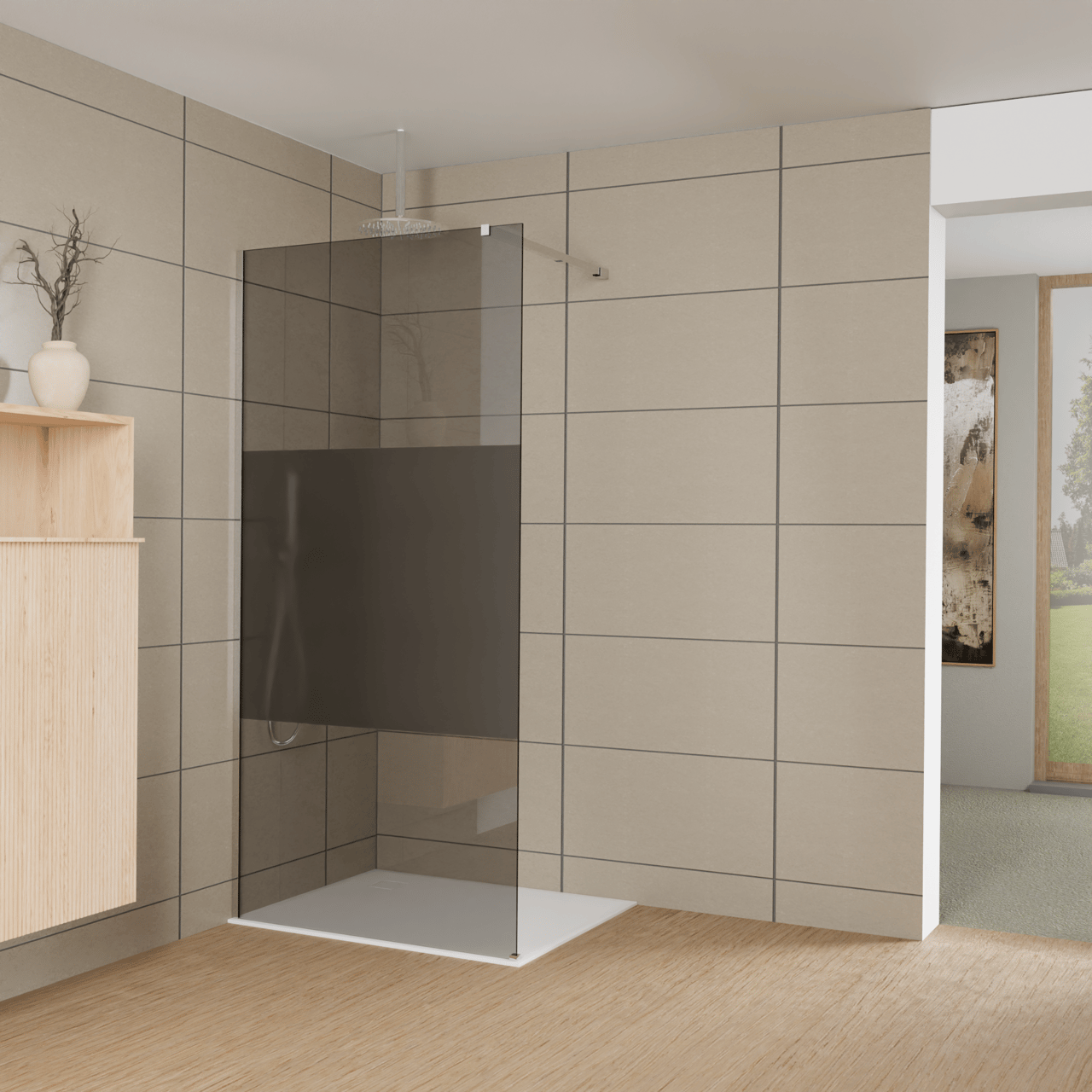 Balmani Modular douche à l'italienne: 100 x 200 cm, Verre fumé avec bande mate, avec coating, Profil Chrome brillant