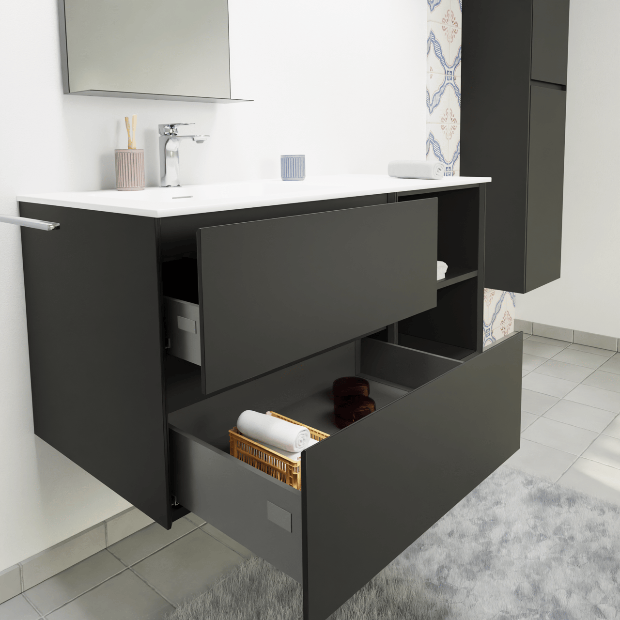 Storke Edge meuble salle de bains suspendu 110 x 52 cm noir mat avec Mata plan vasque asymétrique à gauche en solid surface blanc mat