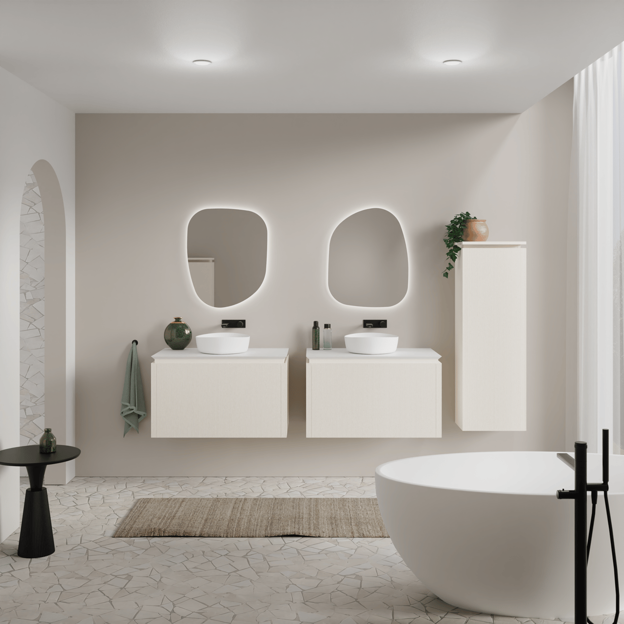 Balmani Eclips meuble salle de bains suspendu 90 x 55 cm Sandbeige avec Eclips tablette simple en Solid Surface blanc mat, Nervure droite symétrique verticale