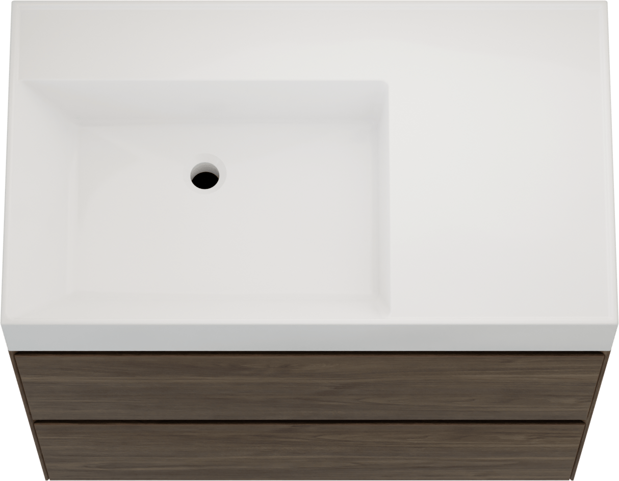 Balmani Mitra Compact meuble salle de bains suspendu 80 x 46 cm Noyer américain avec Argila vasque asymétrique gauche en marbre composite blanc brillant