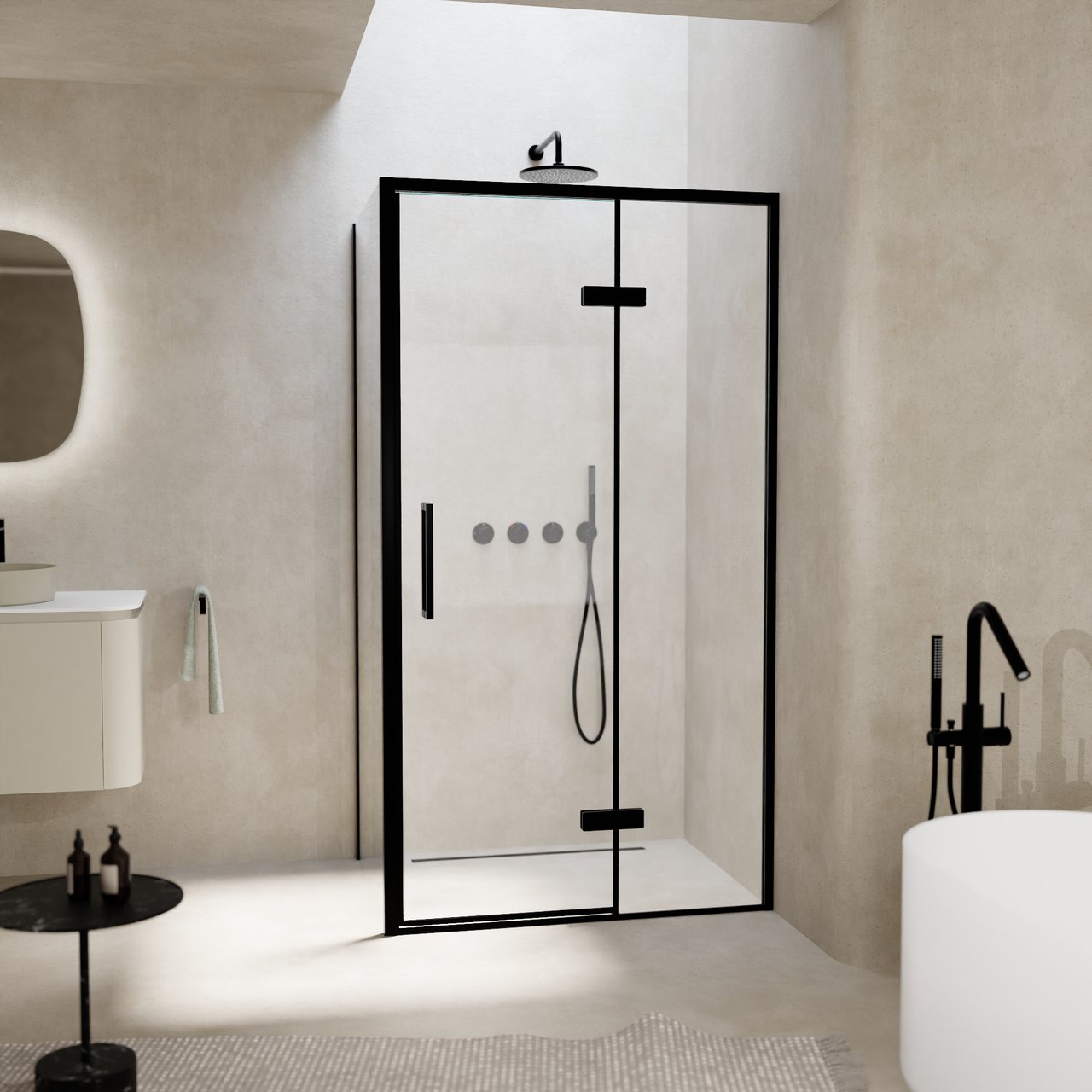 Balmani Senses Design douchehoek met rechtse draaideur en vaste zijwand, 100 x 70 cm, Helder glas, Zwarte profielen