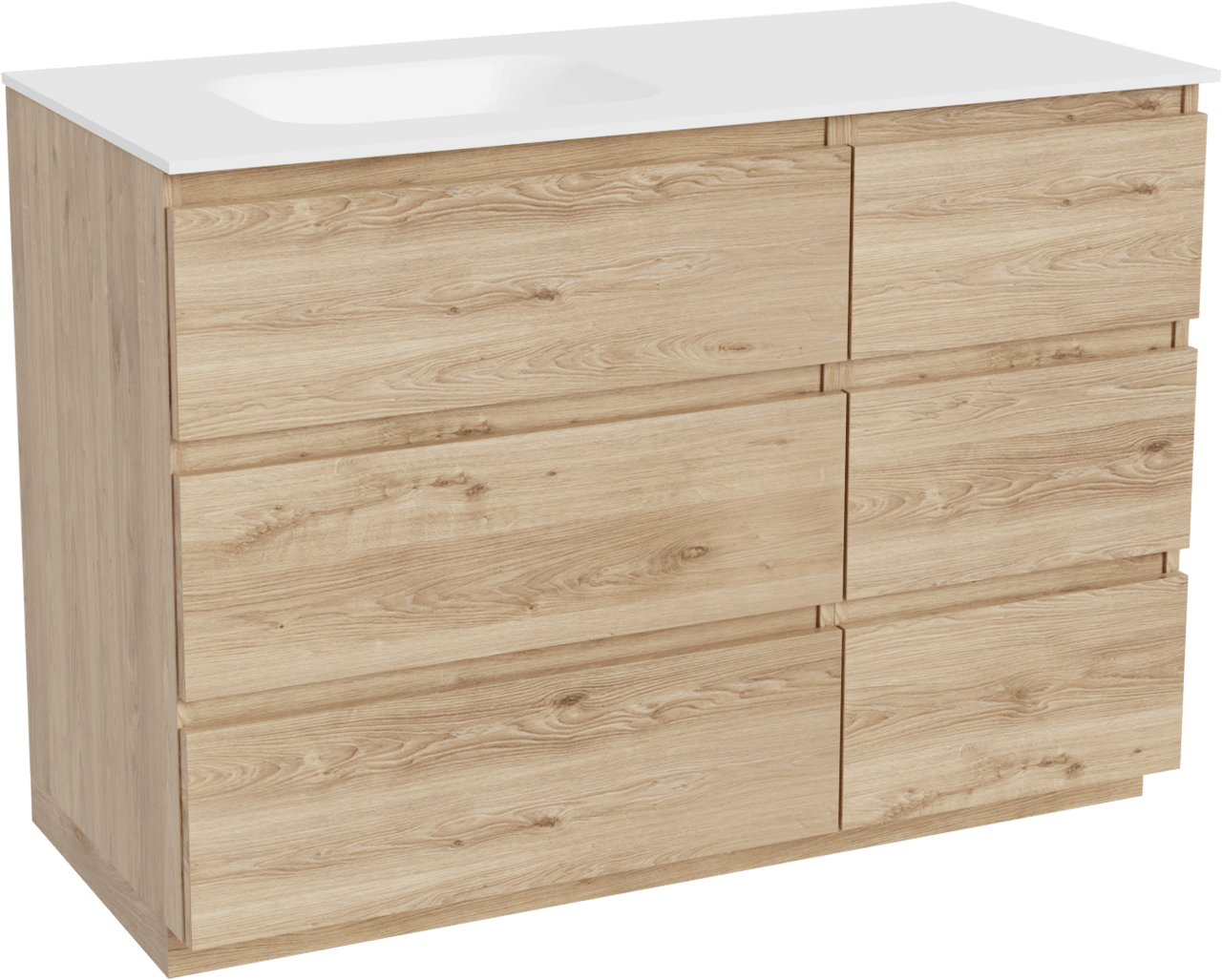 Balmani Lucida freistehendes Möbelstück Set: 120 x 55 cm, Rohe Eiche, mit Tablo Arcato Waschtisch links, Solid Surface Weiß matt