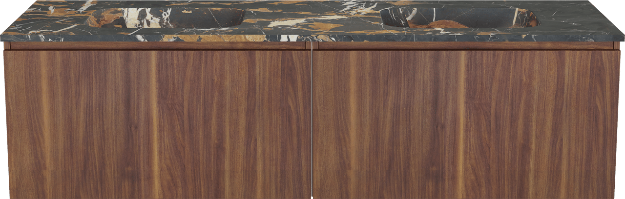 Balmani Sfera zwevend badmeubel 180 x 55 cm amerikaans notenhout met Tablo Arcato dubbele wastafel in marmer portoro gold