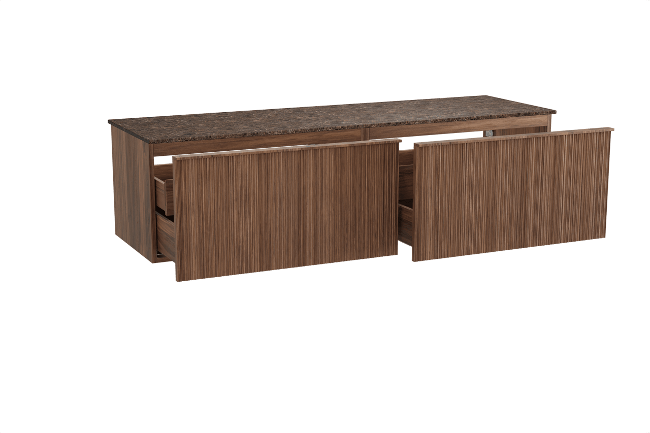 Balmani Forma hängendes Möbelstück Set: 180 x 55 cm, Amerikanischer Nussbaum, mit Stretto Einzel- oder Doppel Waschtischplatte, Marmor, Dark Emperador, Vertikale asymmetrische Runde Rippe