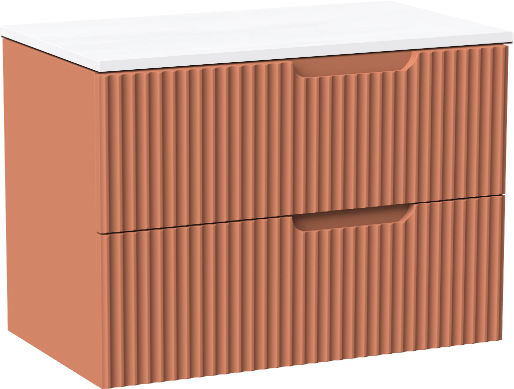 Linie Ribbo meuble salle de bains suspendu 80 x 46 cm cotto avec Lado tablette simple en marbre composite blanc mat, Nervure circulaire symétrique verticale