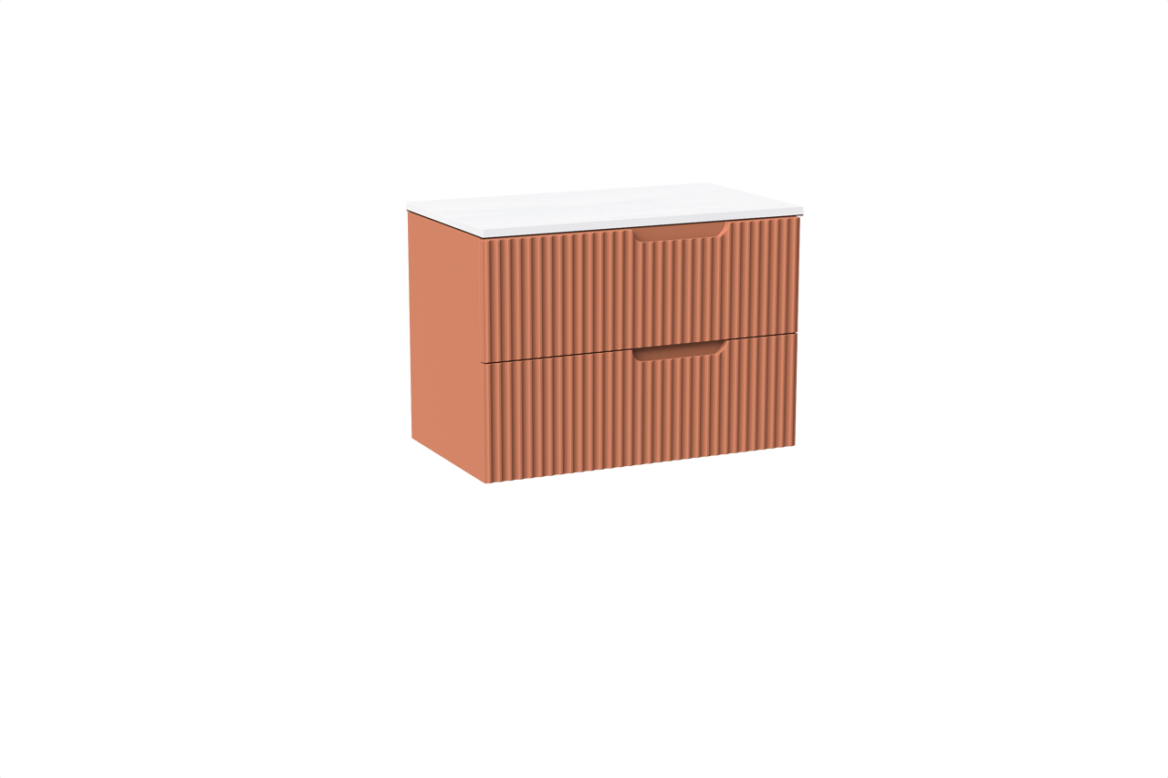 Linie Ribbo hängendes Möbelstück Set: 80 x 46 cm, Cotto, mit Lado Einzel Waschtischplatte, Marmorkomposit, Weiß glänzend, Vertikale symmetrische runde Rippe