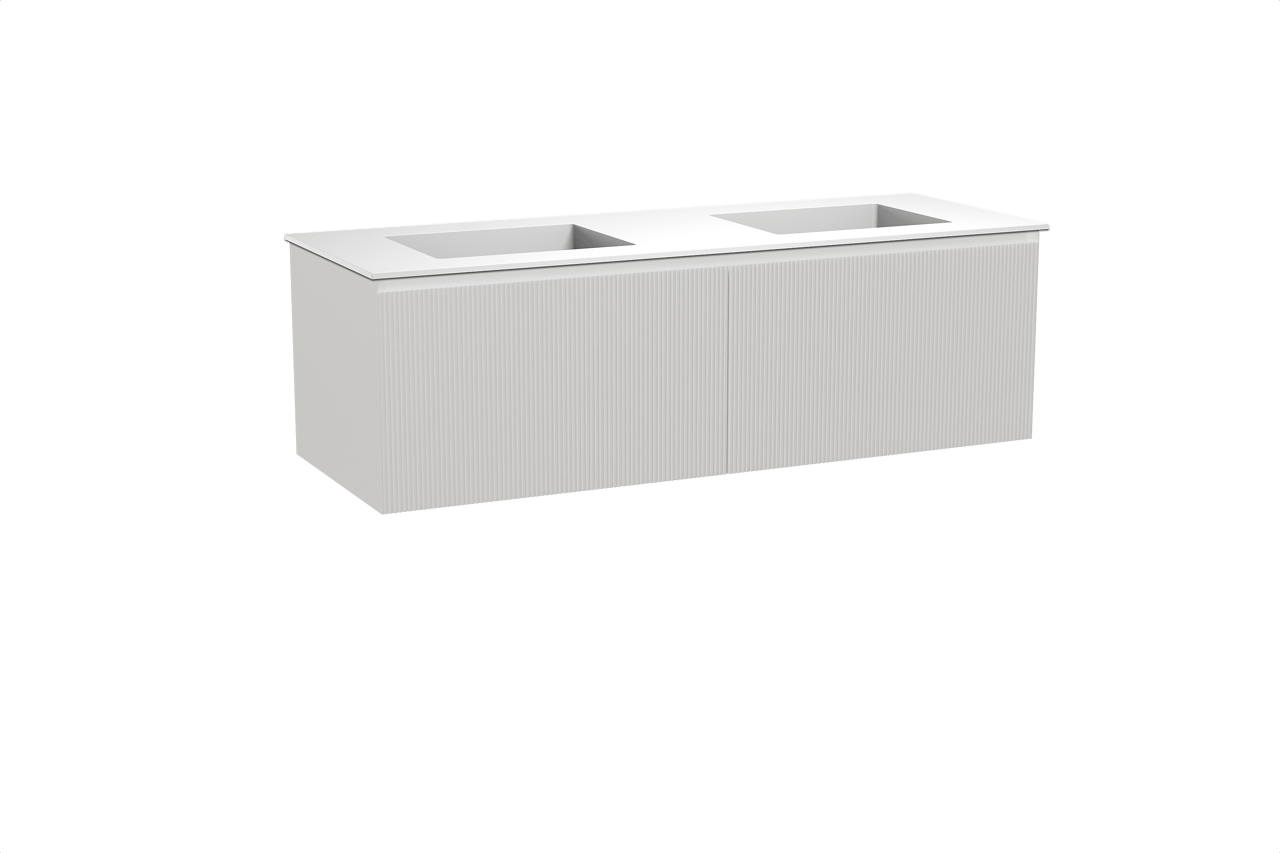 Balmani Fila hängendes Möbelstück Set: 150 x 55 cm, Weiß matt, mit Tablo Stretto Doppelwaschtisch, Solid Surface, Weiß matt, Vertikale symmetrische gerade Rippe