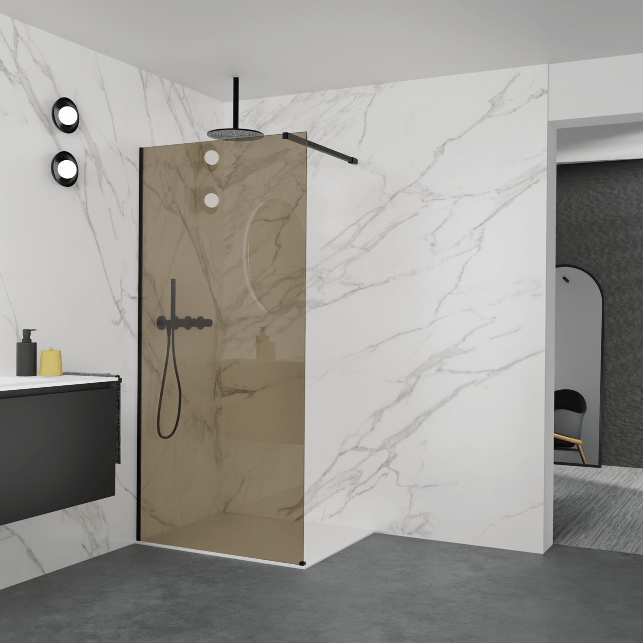 Balmani Modular Walk-In Dusche: 100 x 200 cm, Bronze Glas, inklusive Coating, Profil Schwarz matt