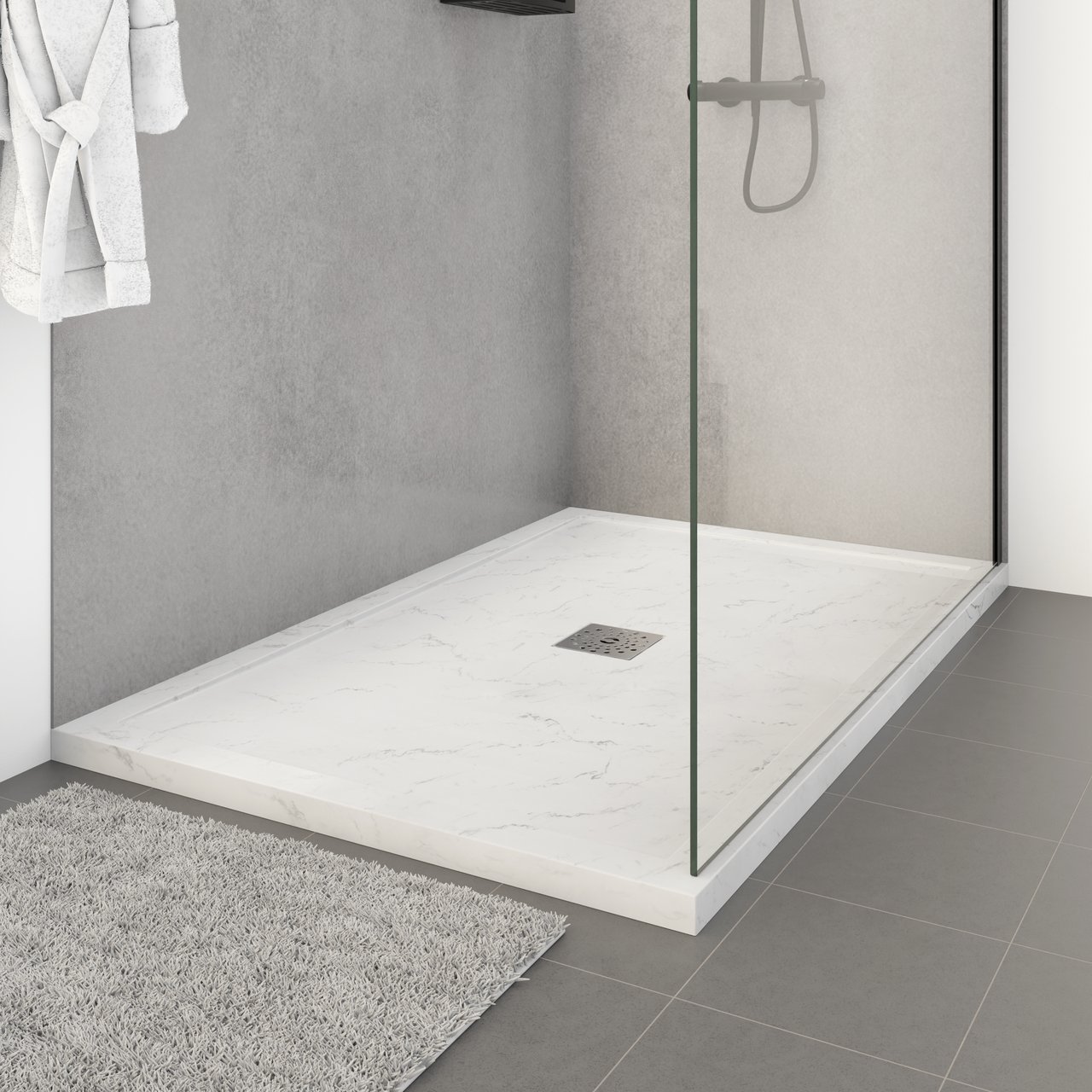 Linie Lido Duschwanne: 140 x 90 cm, Marmorkomposit, Weiße Marmoroptik mit Schieferstruktur