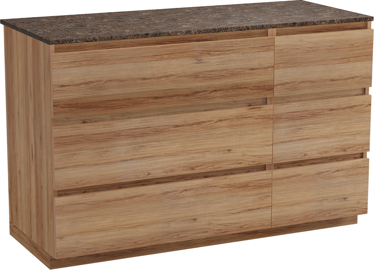 Balmani Lucida staand badkamermeubel 135 x 55 cm teak met Stretto enkel of dubbel tablet in marmer dark emperador
