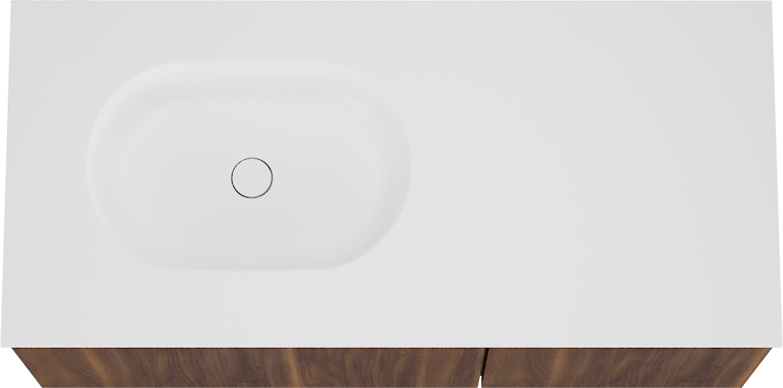Balmani Sfera hängendes Möbelstück Set: 120 x 55 cm, Amerikanischer Nussbaum, mit Tablo Oval Waschtisch links, Solid Surface Weiß matt