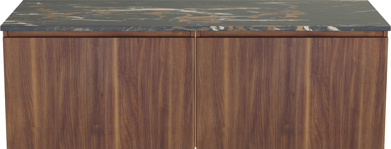 Balmani Sfera zwevend badmeubel 150 x 55 cm amerikaans notenhout met Stretto enkel of dubbel wastafelblad in marmer portoro gold