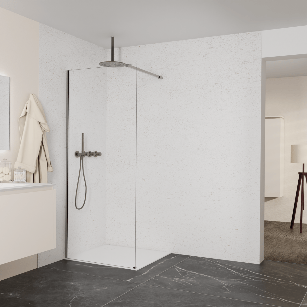 Balmani Modular Walk-In Dusche: 90 x 200 cm, Klarglas, inklusive Coating, Profil Brushed GunMetal
