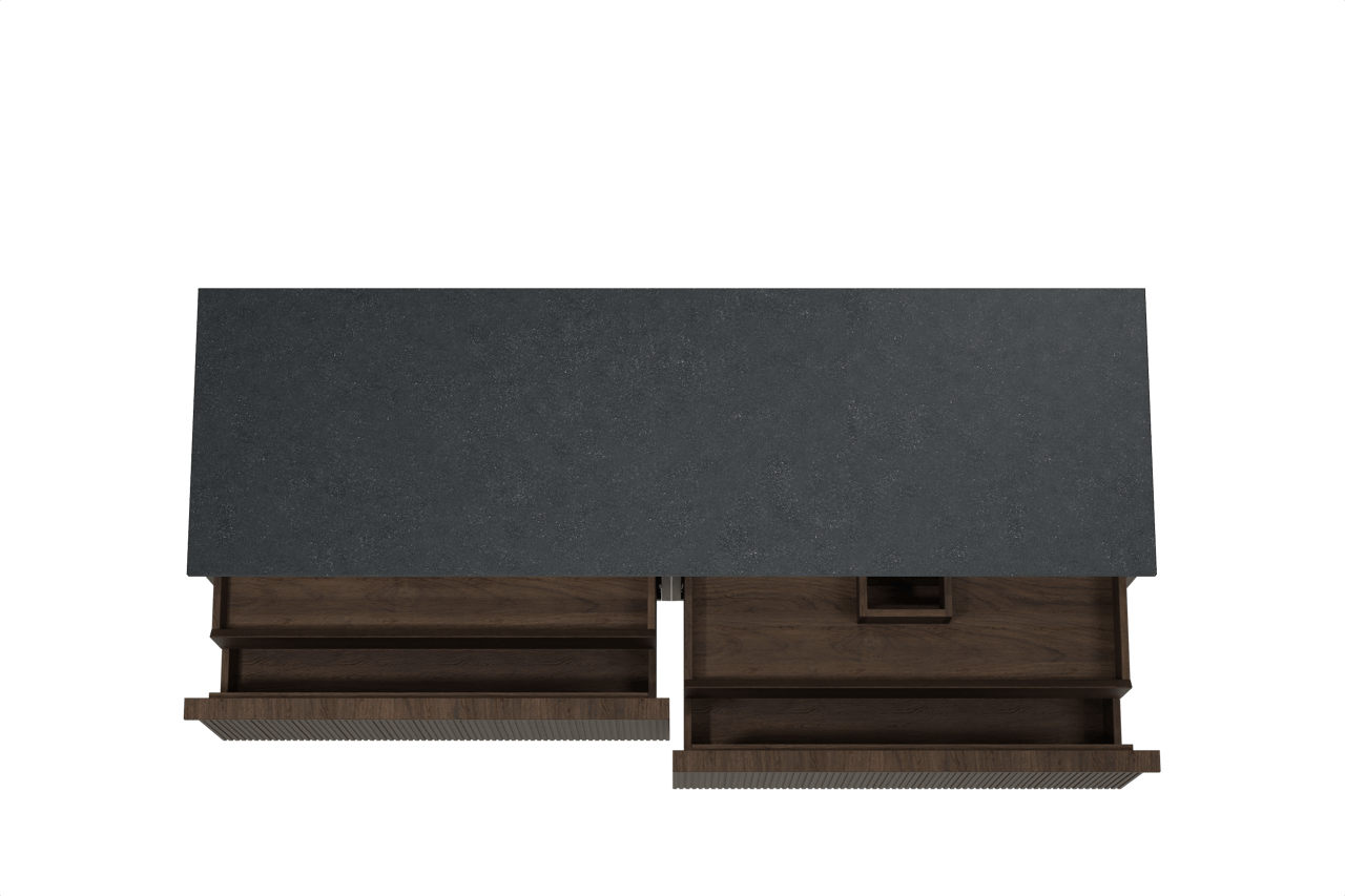 Balmani Forma zwevend badkamermeubel 180 x 55 cm gerookte eik met Stretto enkel of dubbel tablet in graniet zwart, Verticale symmetrische rechte ribbel