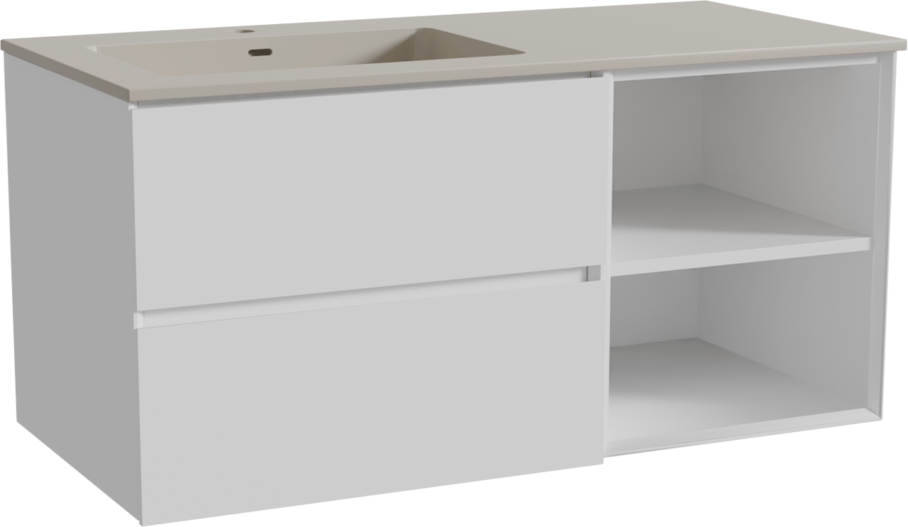 Storke Edge meuble salle de bains suspendu 110 x 52 cm blanc mat avec Diva vasque asymétrique gauche en top solid soie grise