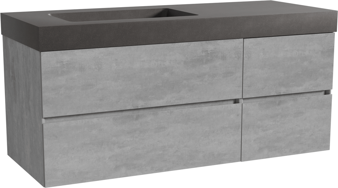 Storke Edge meuble salle de bains suspendu 130 x 52 cm béton gris foncé avec Scuro High plan vasque asymétrique à gauche en quartz noir mat