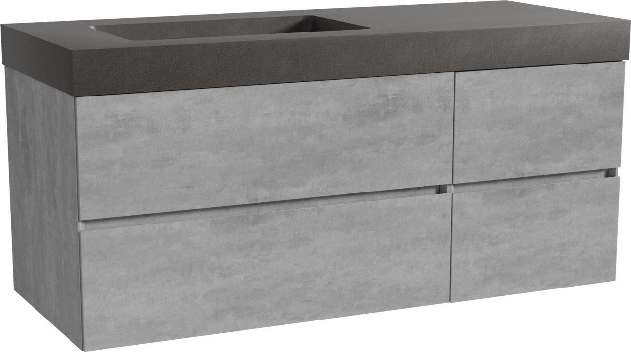 Storke Edge zwevend badmeubel 130 x 52 cm beton donkergrijs met Scuro High asymmetrisch linkse wastafel in kwarts mat zwart