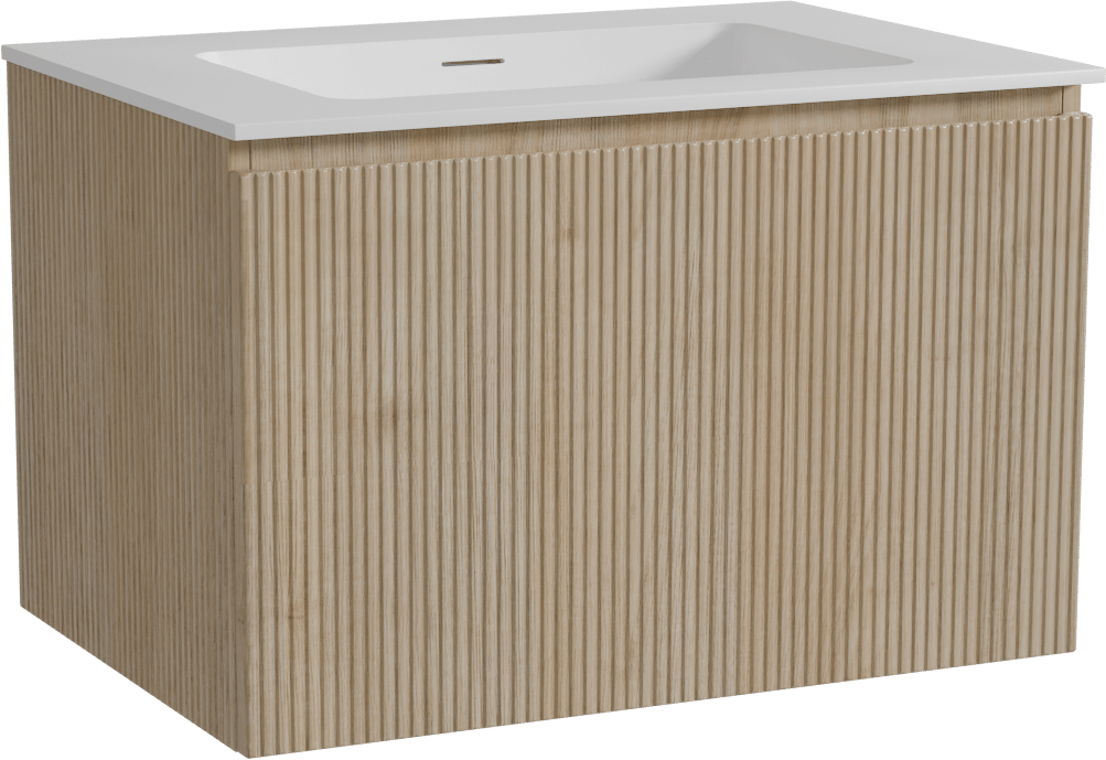 Storke Ribs zwevend badmeubel 75 x 52 cm ruw eiken met Mata enkele wastafel in solid surface mat wit, Verticale symmetrische rechte ribbel