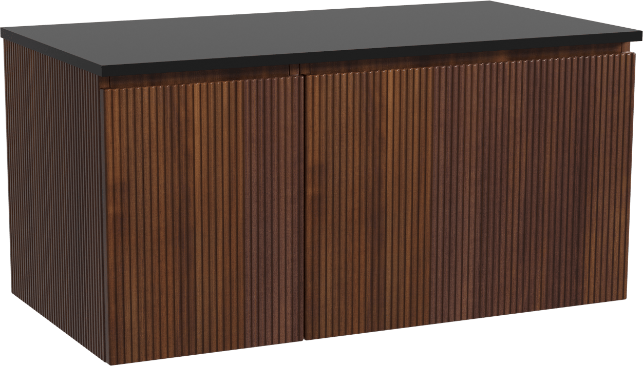 Storke Ribs zwevend badmeubel 100 x 52 cm notenhout met Panton enkel wastafelblad in gepoedercoate mdf mat zwart, Verticale symmetrische rechte ribbel