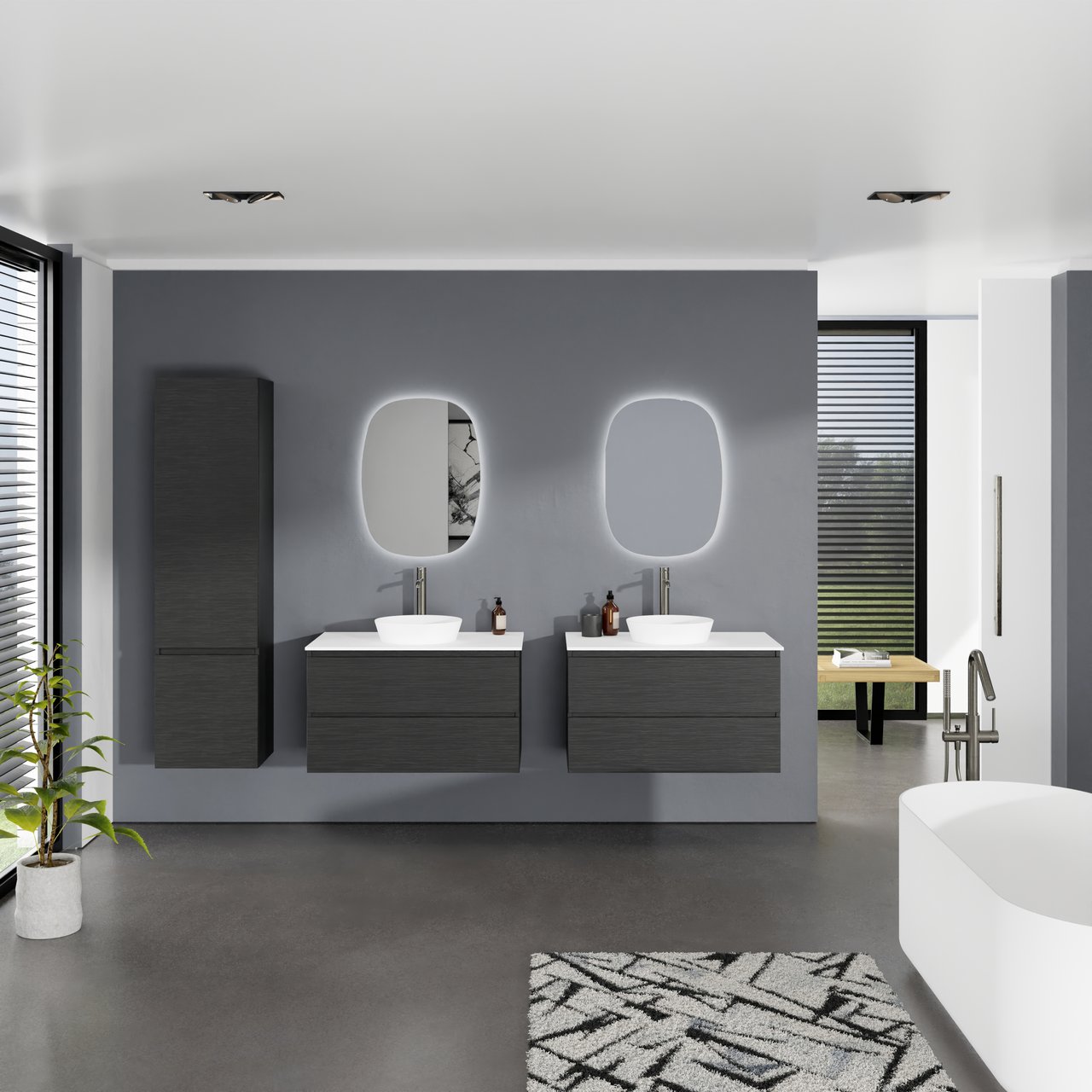 Balmani Lucida hängendes Möbelstück Set: 90 x 55 cm, Schwarze Eiche, mit Stretto Einzel Waschtischplatte, Solid Surface Weiß matt