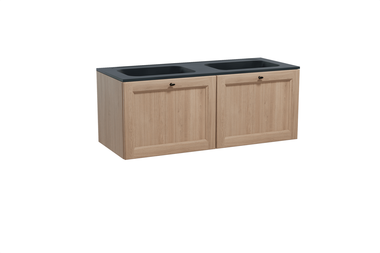 Balmani Lemon zwevend badmeubel 135 x 55 cm verweerd eiken met Tablo Strada dubbele wastafel in composietmarmer mat zwart