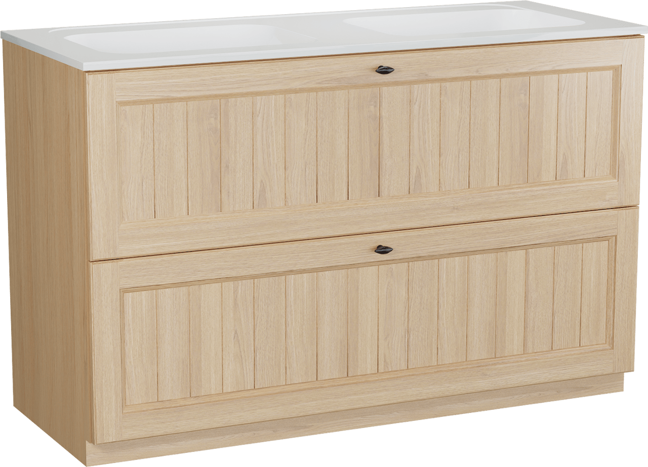 Balmani Lemon staand badkamermeubel 135 x 55 cm, fineer natuur eik met Tablo Strada dubbele wastafel in glanzend wit