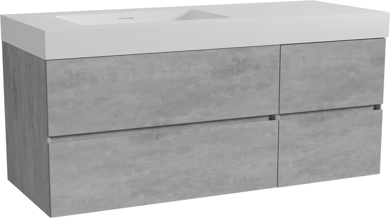 Storke Edge zwevend badmeubel 130 x 52 cm beton donkergrijs met Mata High asymmetrisch linkse wastafel in solid surface mat wit