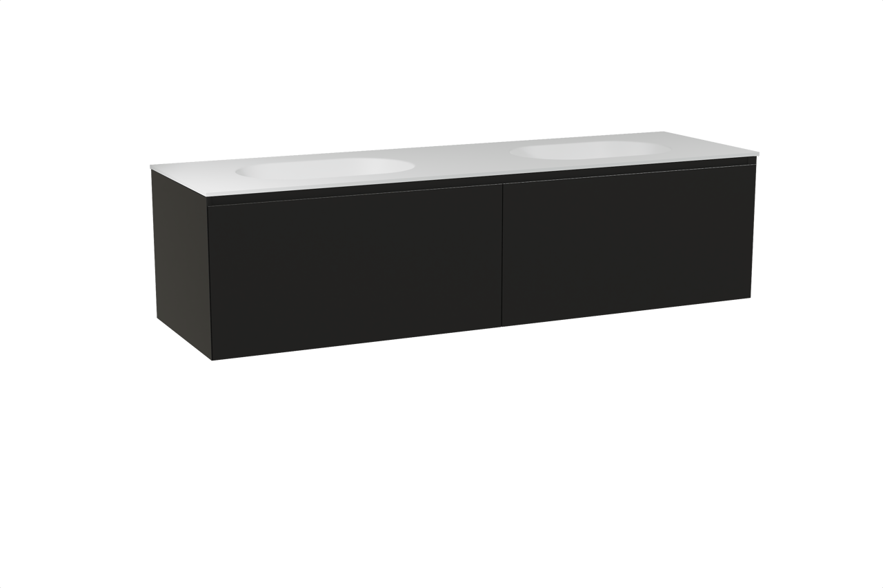 Balmani Idra meuble salle de bains suspendu 180 x 55 cm noir mat avec Tablo Oval double vasque en solid surface blanc mat