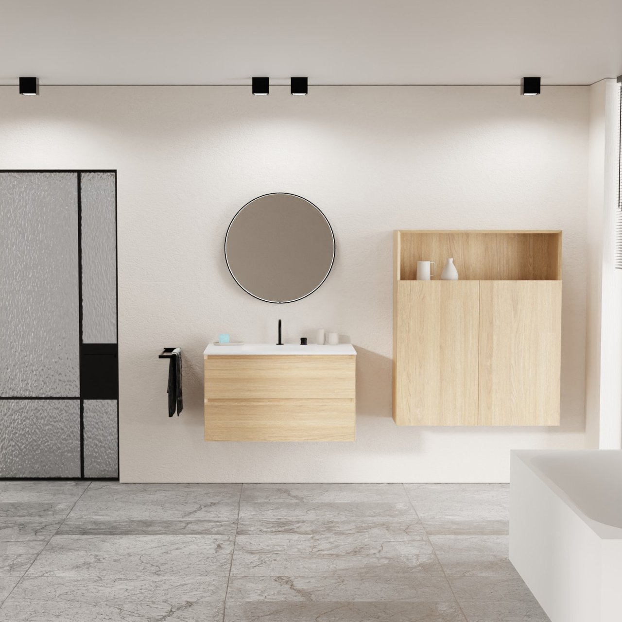 Balmani Mitra hängendes Möbelstück Set: 90 x 55 cm, Naturbelassene Eiche, mit Tablo Arcato Einzelwaschtisch, Solid Surface Weiß matt