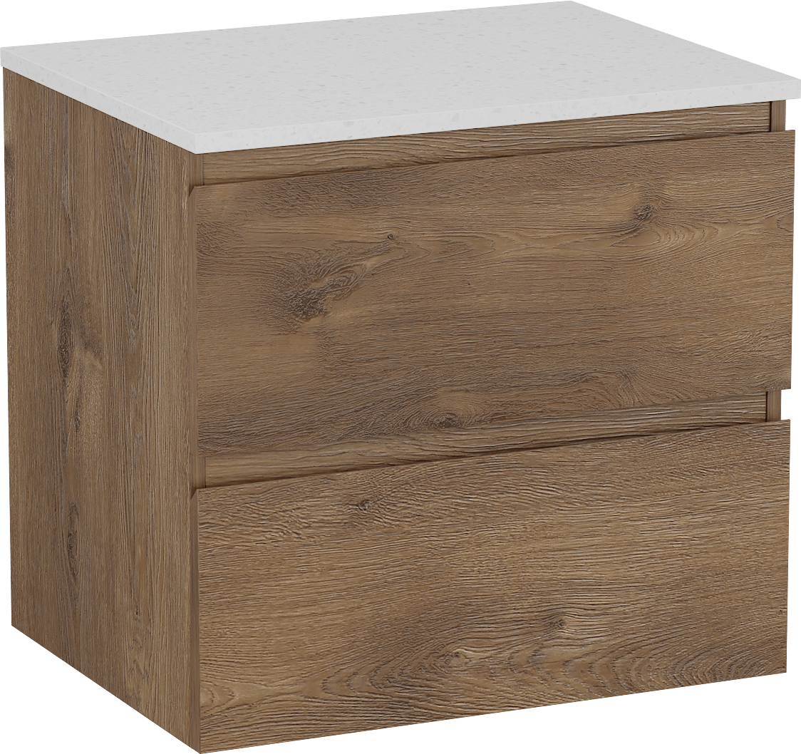 Linie Lado meuble salle de bains suspendu 60 x 46 cm chêne brun avec Lado tablette simple en mélaminé terrazzo blanc