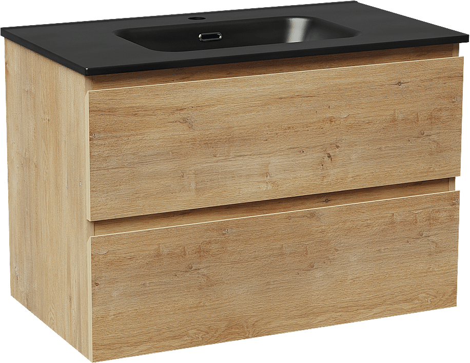 Linie Lado meuble salle de bains suspendu 80 x 46 cm chêne naturel avec Baro plan simple en porcelaine noir mat