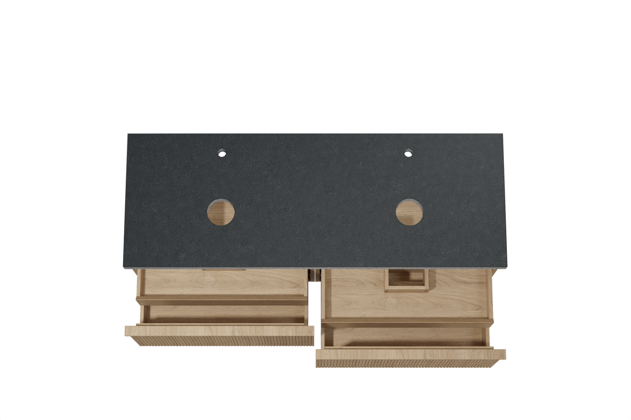 Balmani Forma zwevend badkamermeubel 150 x 55 cm natuur eik met Rock dubbel tablet in graniet zwart, Verticale symmetrische rechte ribbel