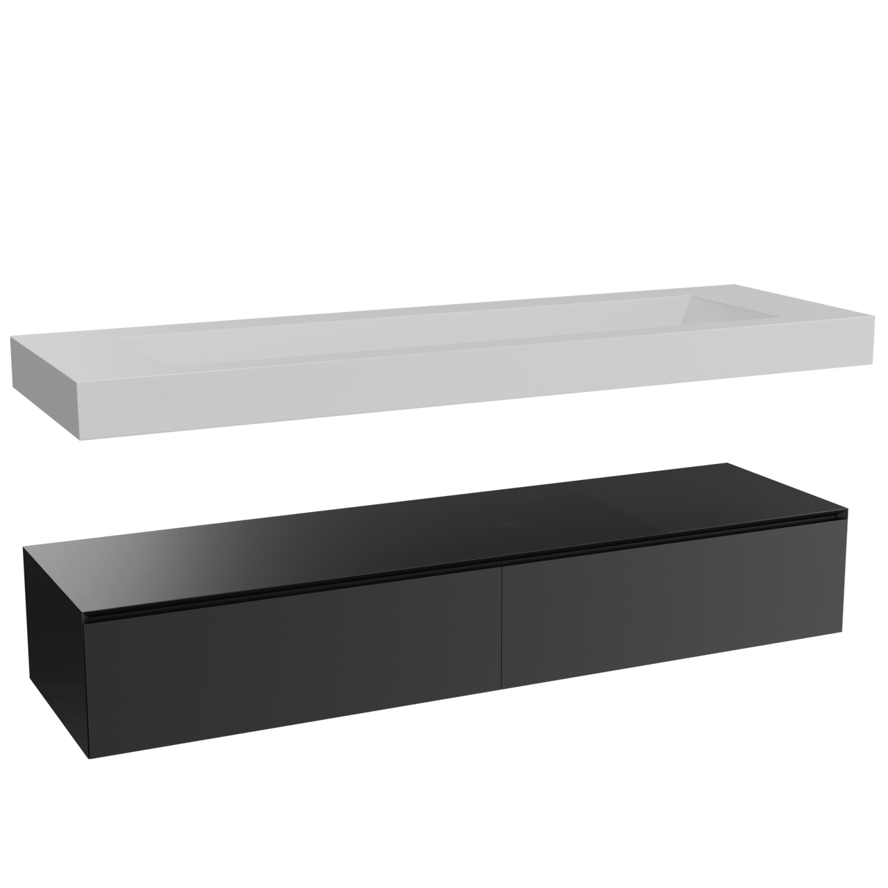 Balmani Mitra Elements zwevend badmeubel 180 x 55 cm mat zwart met Modus enkele wastafel voor 2 kraangaten in solid surface mat wit