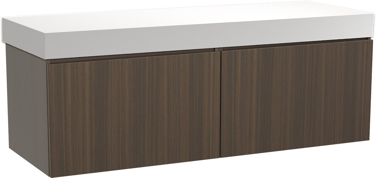 Balmani Sfera hängendes Möbelstück Set: 150 x 55 cm, Eucalyptus, mit Dominus Einzel- oder Doppel Waschtischplatte, Solid Surface Weiß matt