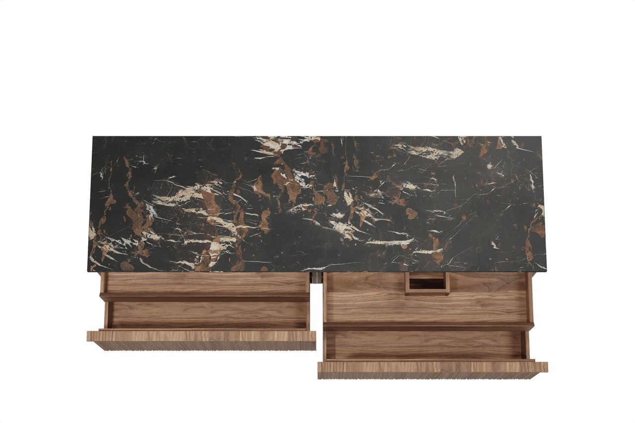 Balmani Forma meuble salle de bains suspendu 180 x 55 cm noyer américain avec Stretto tablette simple ou double en marbre portoro gold, Nervure circulaire asymétrique verticale