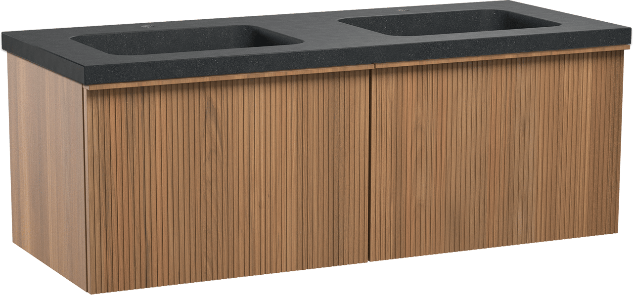 Balmani Forma zwevend badkamermeubel 135 x 55 cm teak met Napoli dubbele wastafel in graniet zwart, Verticale symmetrische rechte ribbel