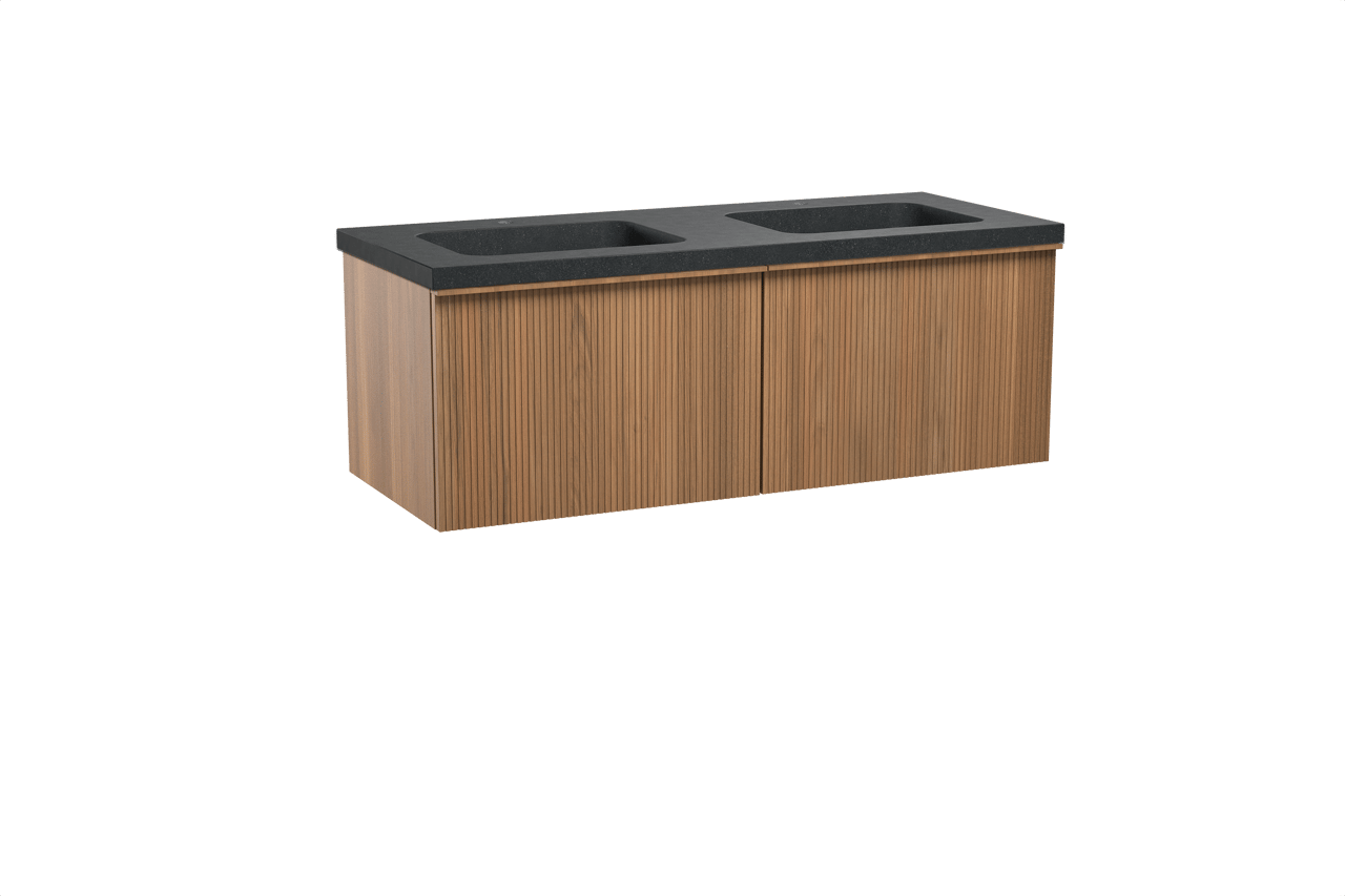 Balmani Forma meuble salle de bains suspendu 135 x 55 cm teck avec Napoli double vasque en granit noir, Nervure droite symétrique verticale
