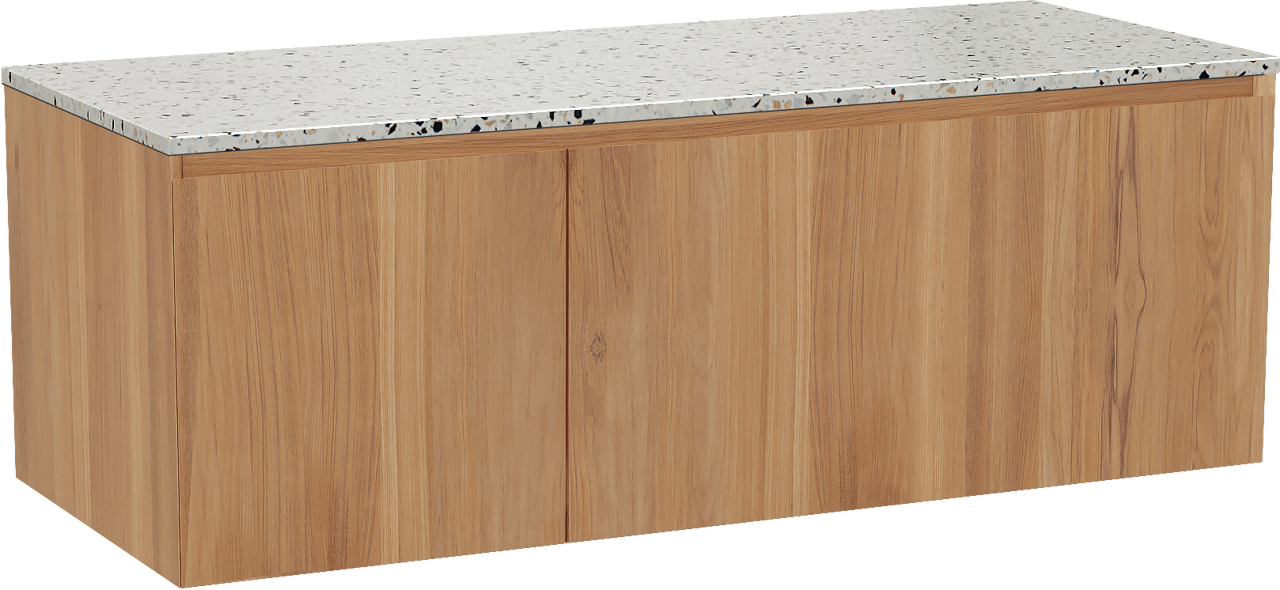 Balmani Idra hängendes Möbelstück Set: 135 x 55 cm, Teak, mit Stretto Einzel- oder Doppel Waschtischplatte, Terrazzo in Weiß/Schwarz matt