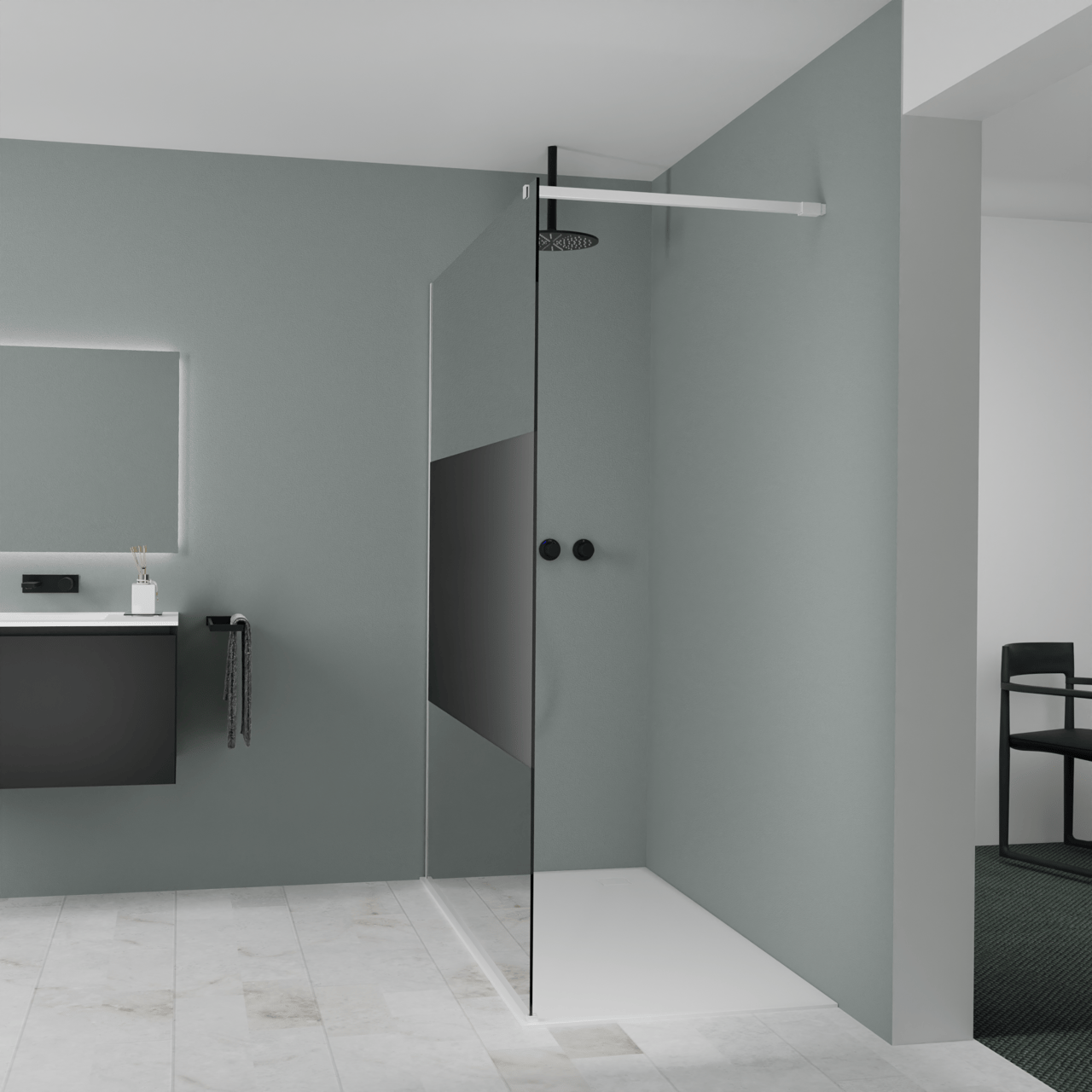 Balmani Modular Walk-In Dusche: 160 x 200 cm, Rauchglas mit mattiertem Streifen, Profil Weiß matt