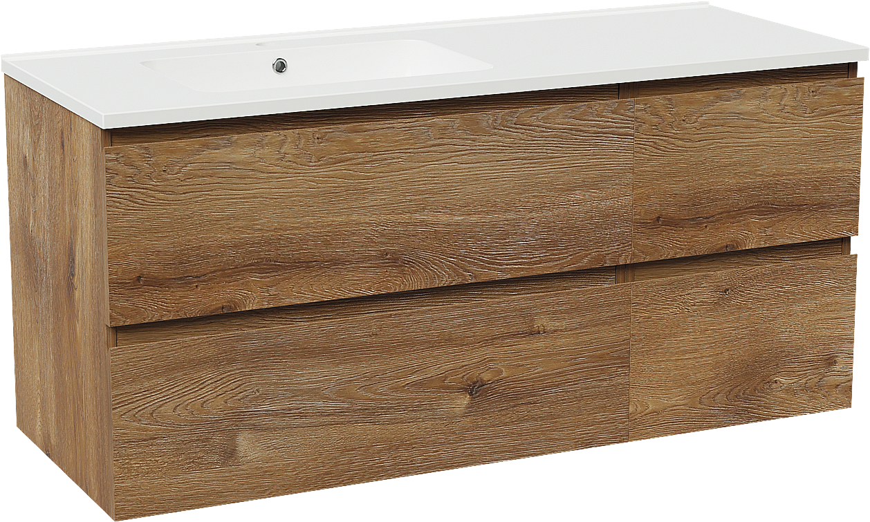 Linie Lado zwevend badmeubel 120 x 46 cm bruin eiken met Vano asymmetrisch linkse wastafel in composietmarmer hoogglans wit