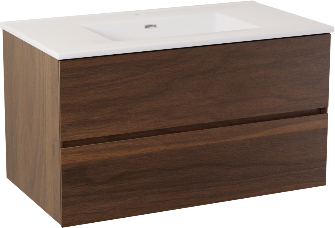 Storke Edge meuble salle de bains suspendu 95 x 52 cm noyer avec Kera plan simple en céramique blanc brillant, bonde incluse