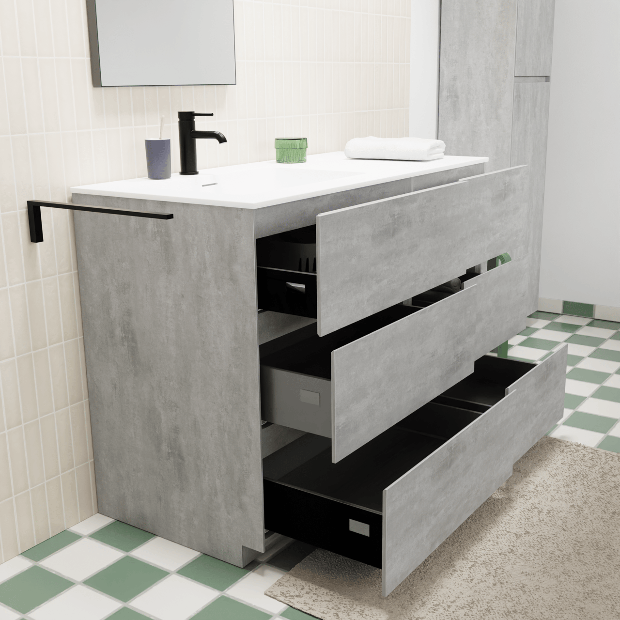 Storke Edge freistehendes Möbelstück Set: 110 x 52 cm, Beton dunkelgrau, mit Mata Waschtisch links, Solid Surface Weiß matt