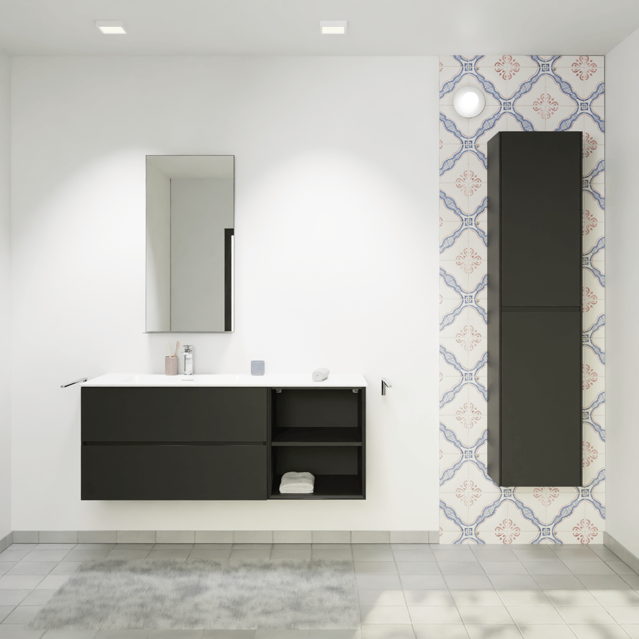 Storke Edge zwevend badkamermeubel 130 x 52 cm mat zwart met Mata asymmetrisch linkse wastafel in solid surface mat wit